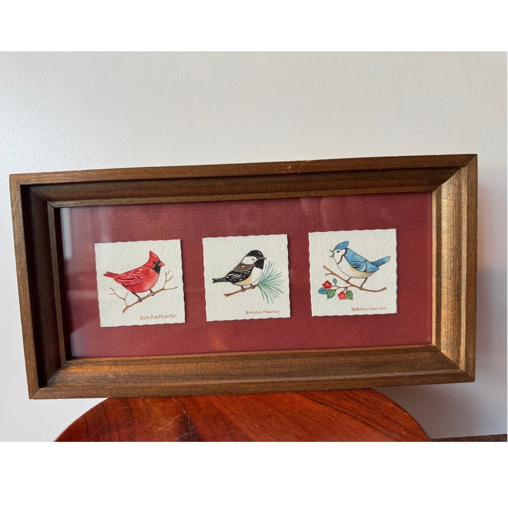 Framed Bird Watercolor Art Triptych Beth Ann Hamilton Signed